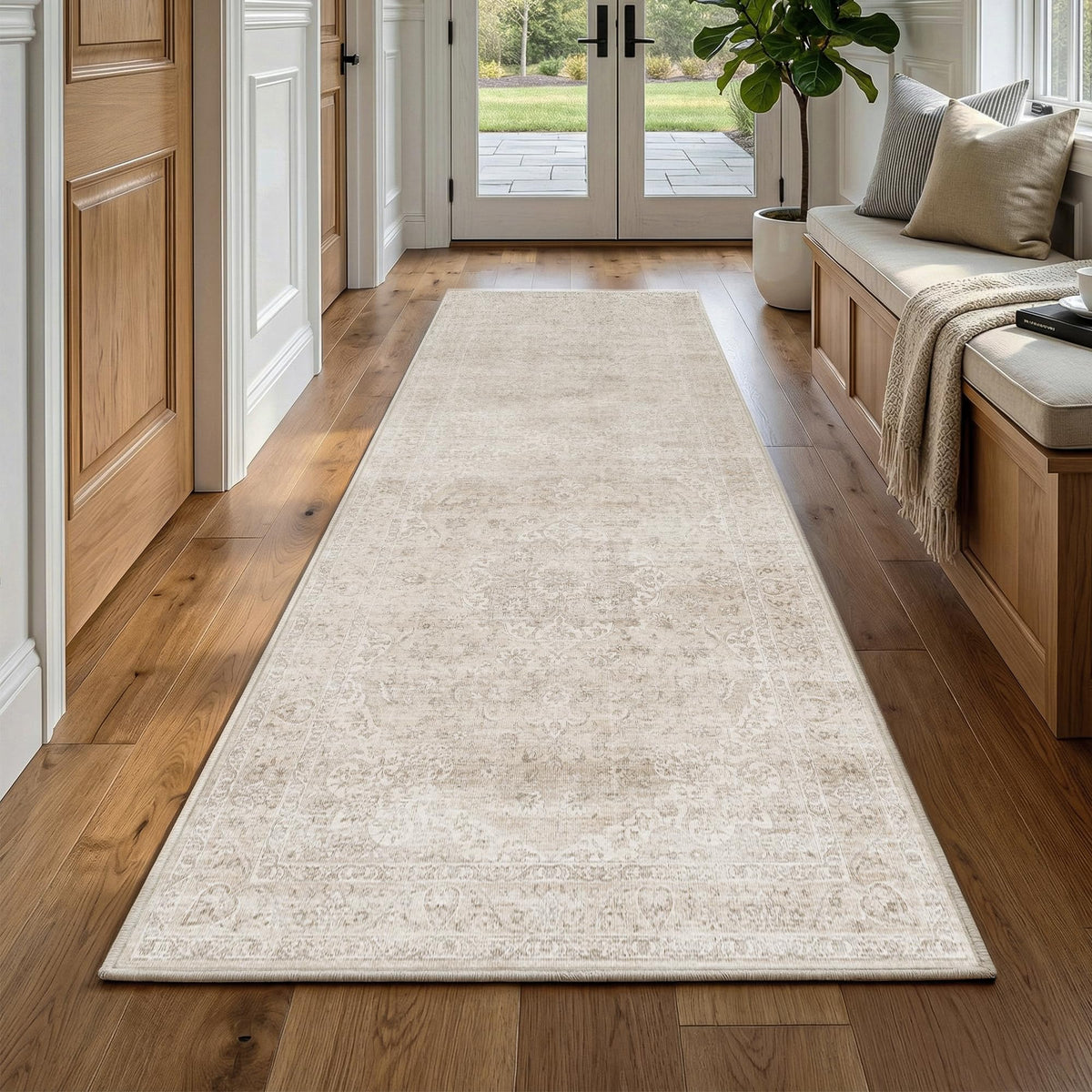 FMFUNCTEX 2x6 Hallway Runner Rug Washable Beige Neutral Vintage Distressed