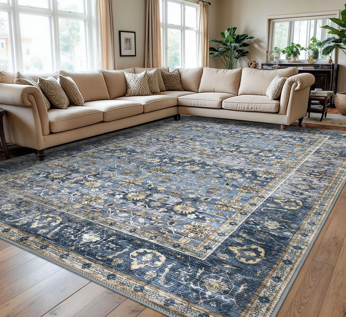 KUTA Vintage Floral Washable 2x3 Rugs for Entryway Blue Grey Beige