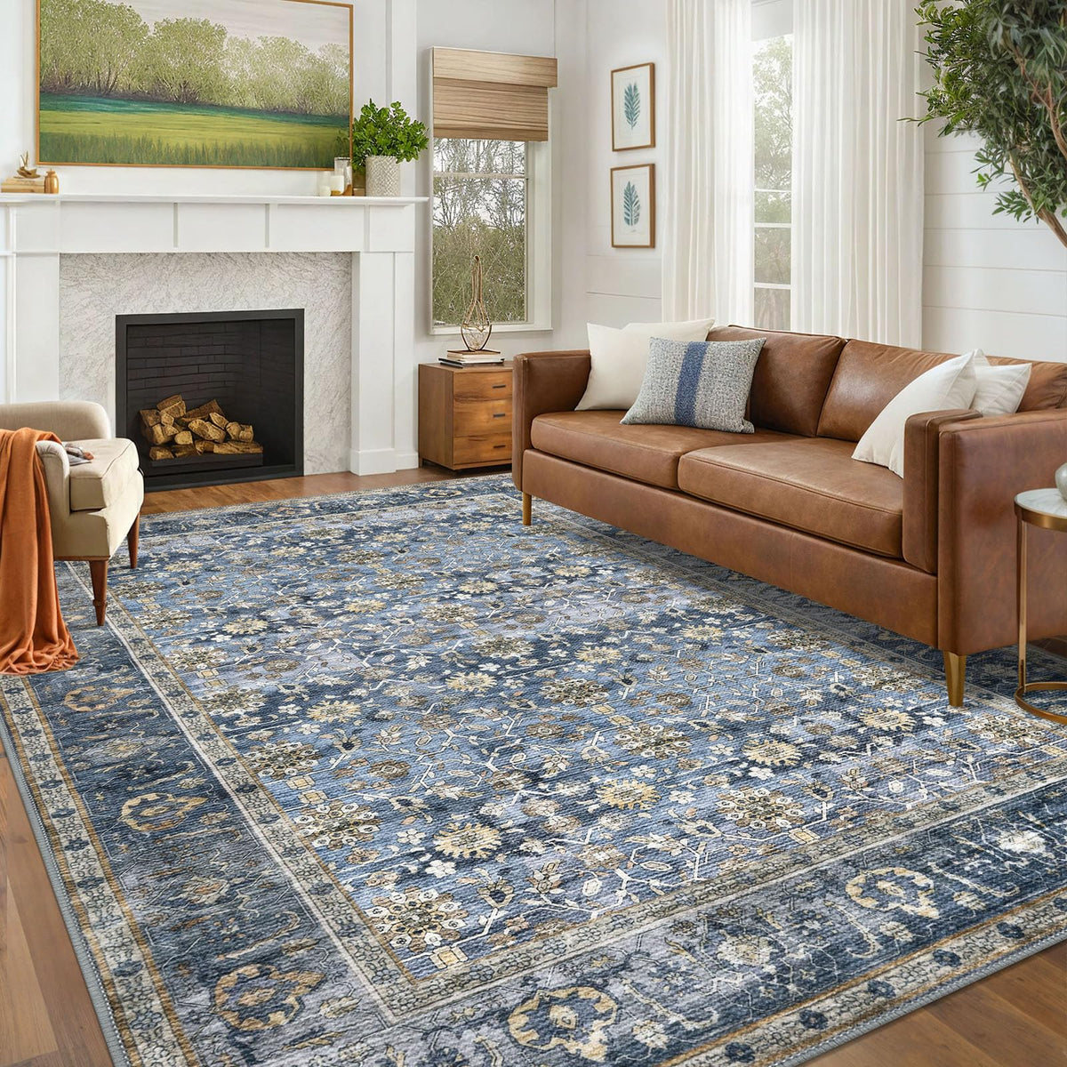 KUTA Vintage Floral Washable 2x3 Rugs for Entryway Blue Grey Beige