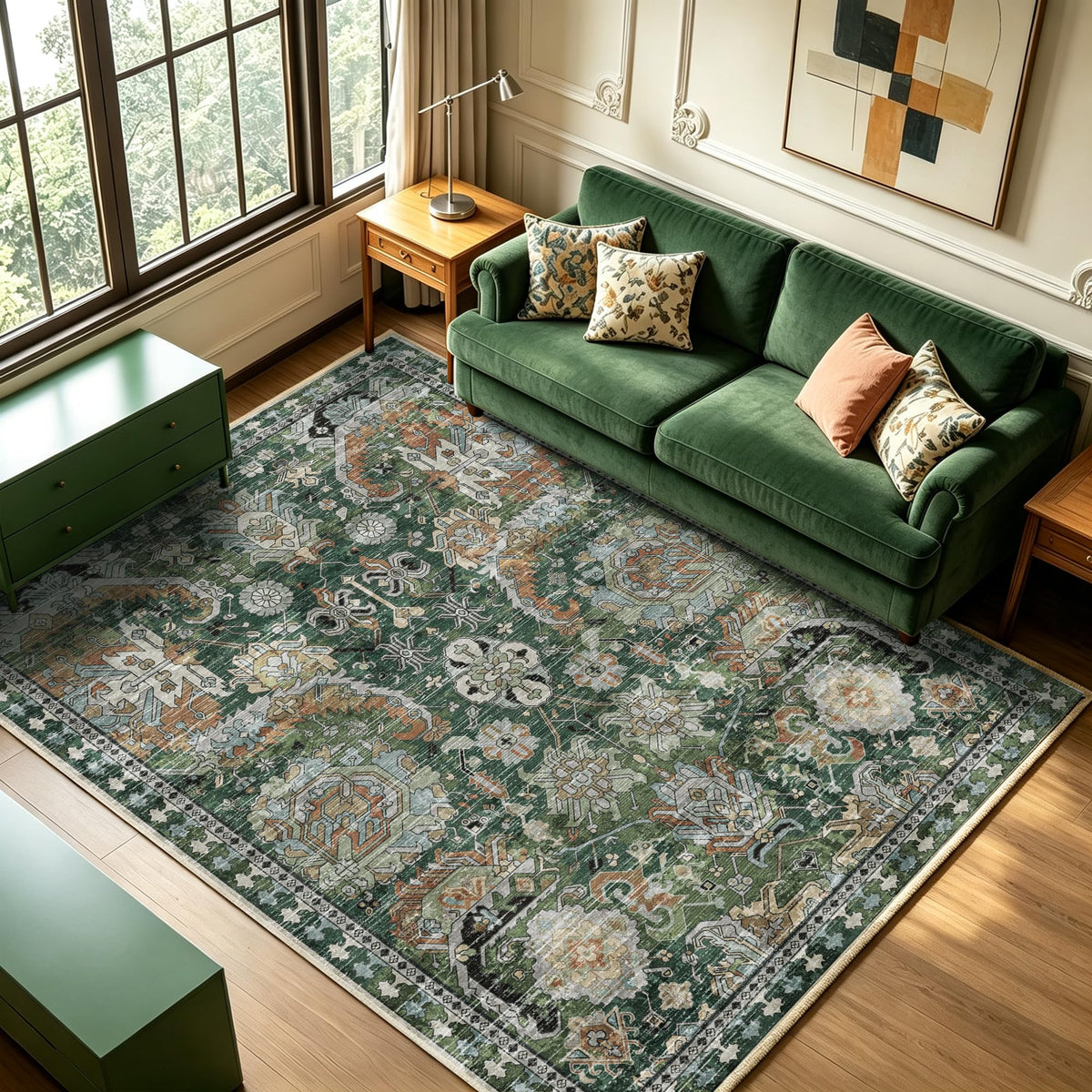 RUGSURE Washable Area Rugs - Perfect for Living Room, Bedroom, Kids Room, Nursery - Stain & Water Resistant Non-Slip, Pet & Child Friendly, Vintage Tribal Area Rugs (Green, 3' x 5 ')