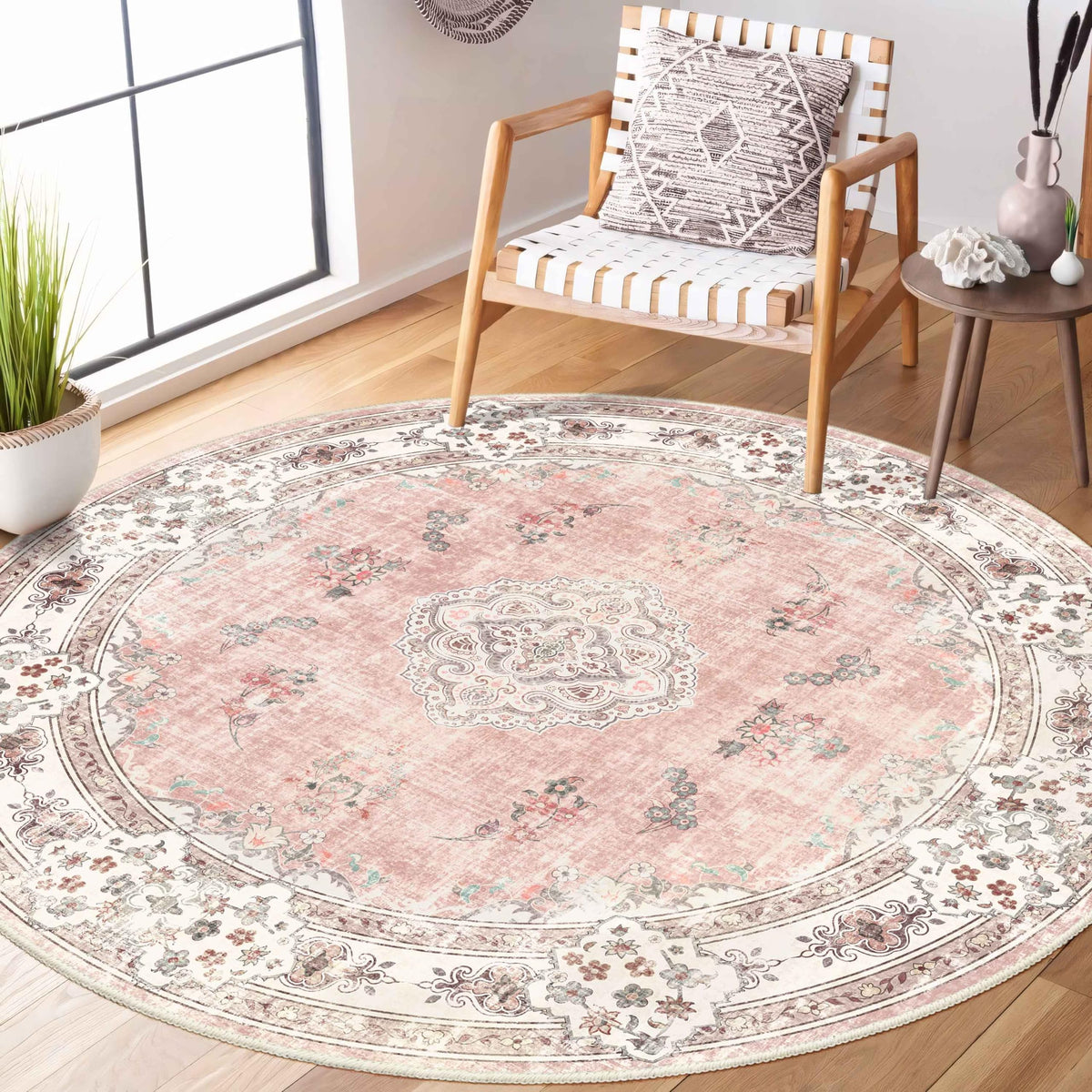 MUJOO Pink Rug 3x5 Washable,Boho Area Rugs Small Non Slip Low-Pile Floral