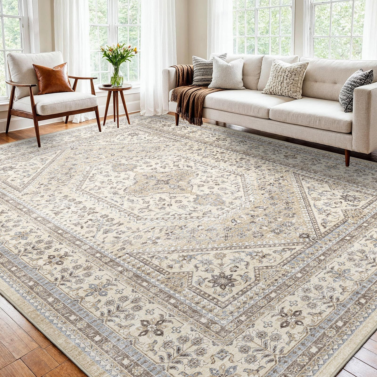 2x3 Washable Entryway Area Rug - Non-Slip Boho Throw Rugs Beige Gray