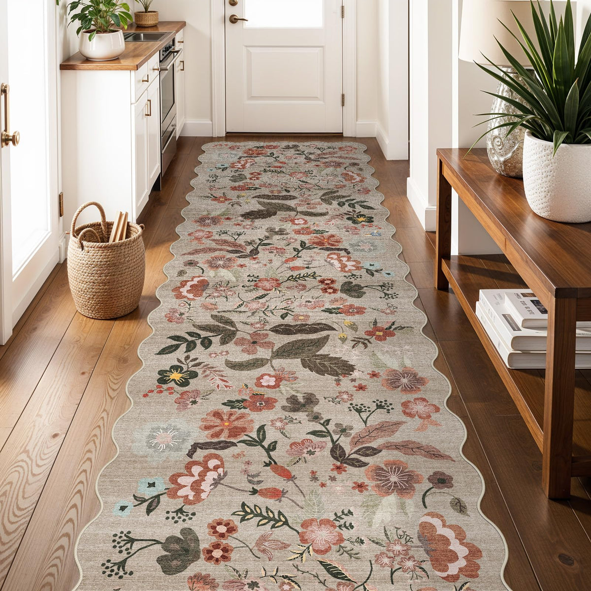 2x4 Rug Washable for Entryway - Non-Slip Scalloped Floral Throw Rug Black