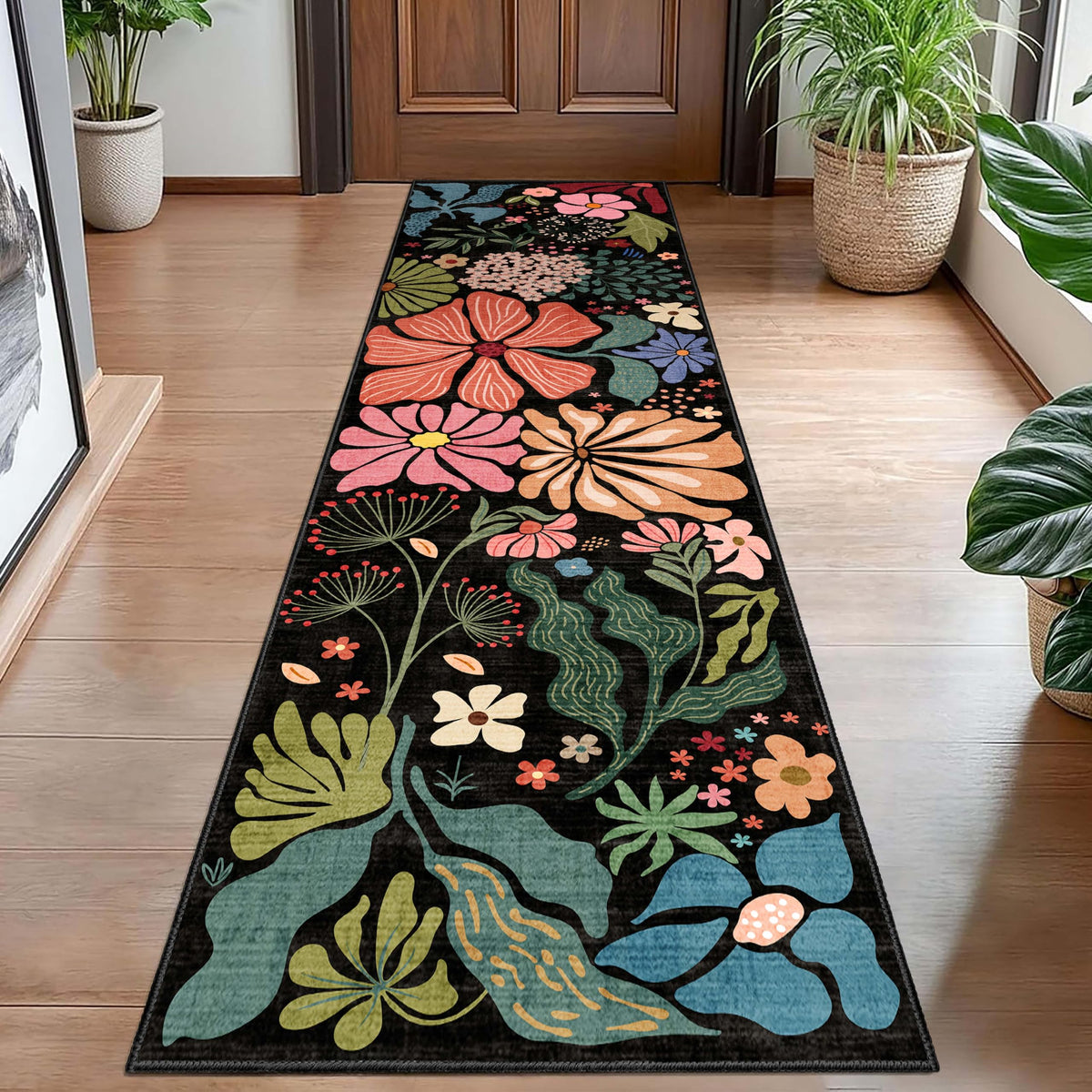 MUJOO Pink Washable 2x6 Runner Rugs Floral Area Rugs Non Slip Low-Pile
