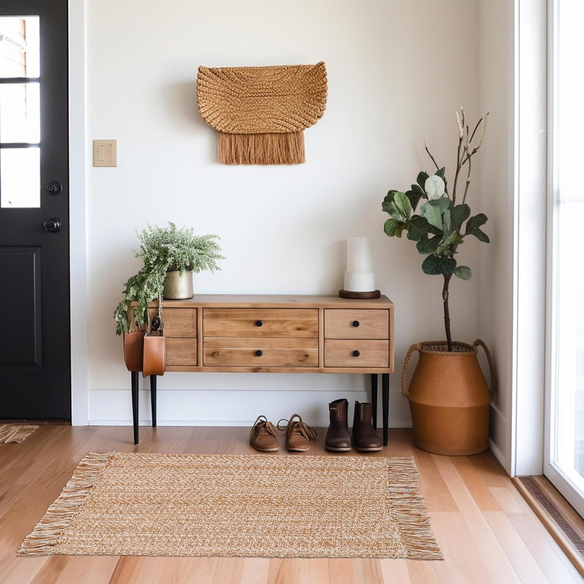 COTTON CRAFT Woven Area Rug - 2 Pack Entryway Mat with Fringe - Tan Natural