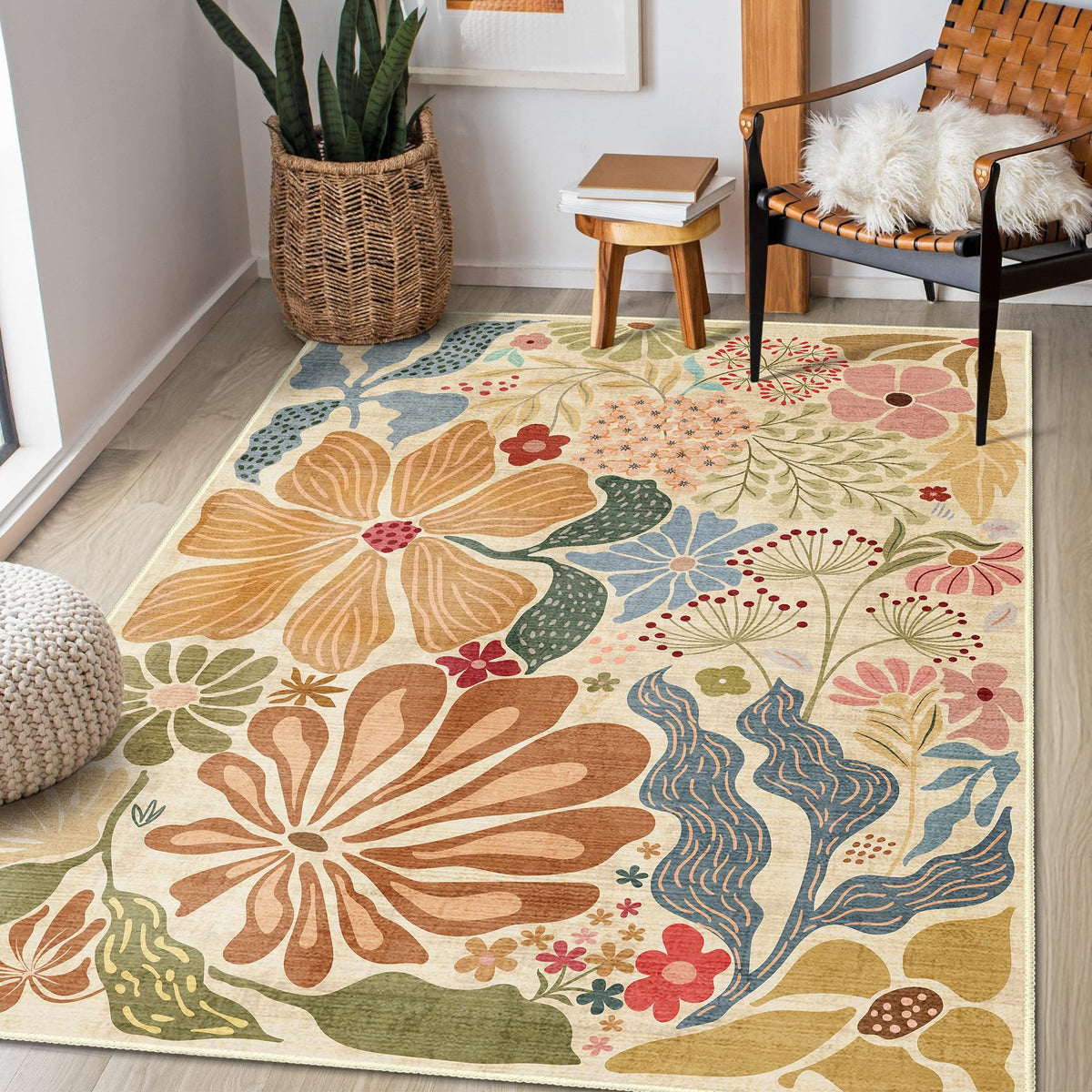 MUJOO Pink Washable 2x6 Runner Rugs Floral Area Rugs Non Slip Low-Pile