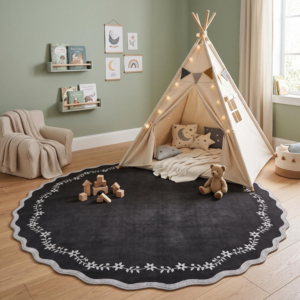 GarveeHome 3x5 Scalloped Washable Area Rug Non Slip Bedroom Entryway Rug