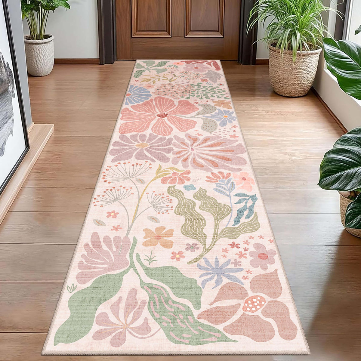 MUJOO Pink Washable 2x6 Runner Rugs Floral Area Rugs Non Slip Low-Pile
