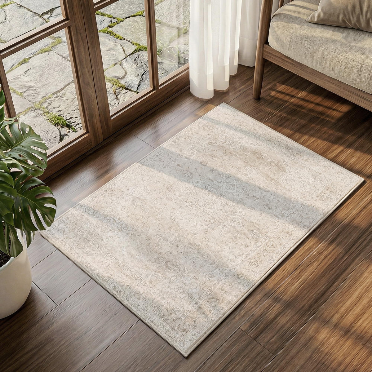 FMFUNCTEX 2x6 Hallway Runner Rug Washable Beige Neutral Vintage Distressed