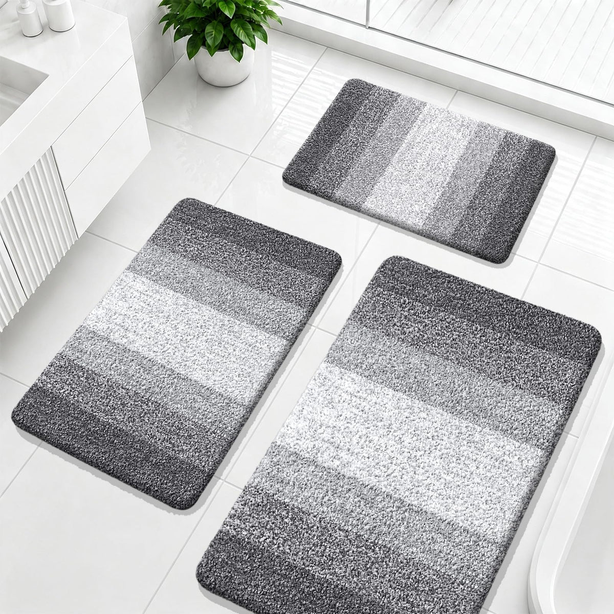 OLANLY Microfiber Bathroom Rugs Sets 3 Piece, Absorbent Bath Mats, Grey