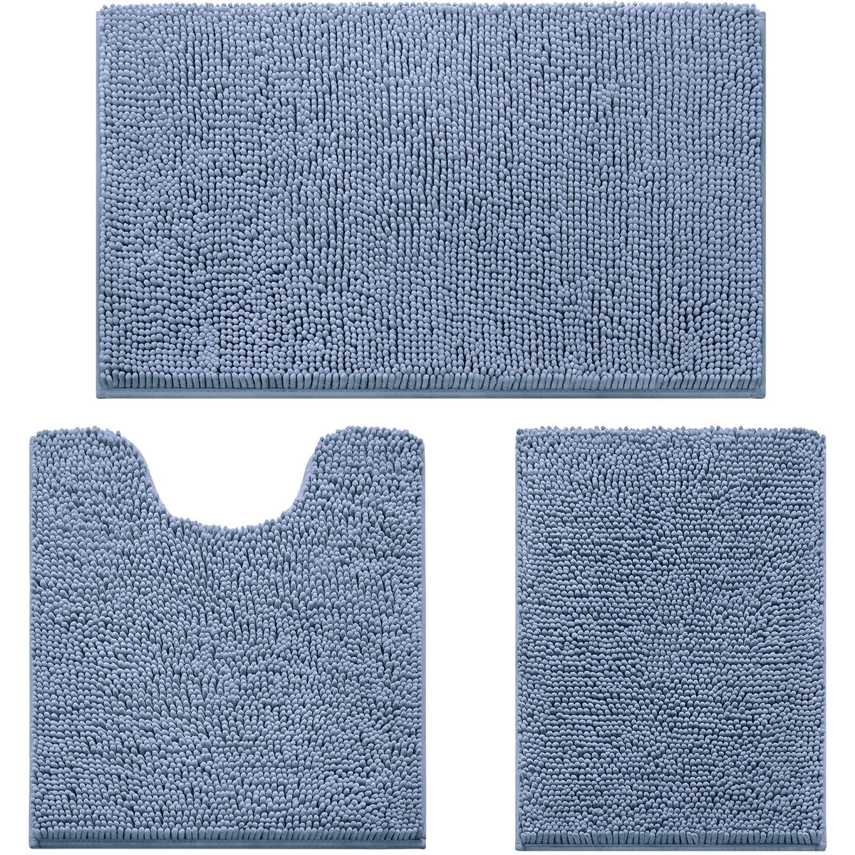 HOMEIDEAS Grey Chenille Bathroom Rugs Set of 3, Non Slip Bath Mat