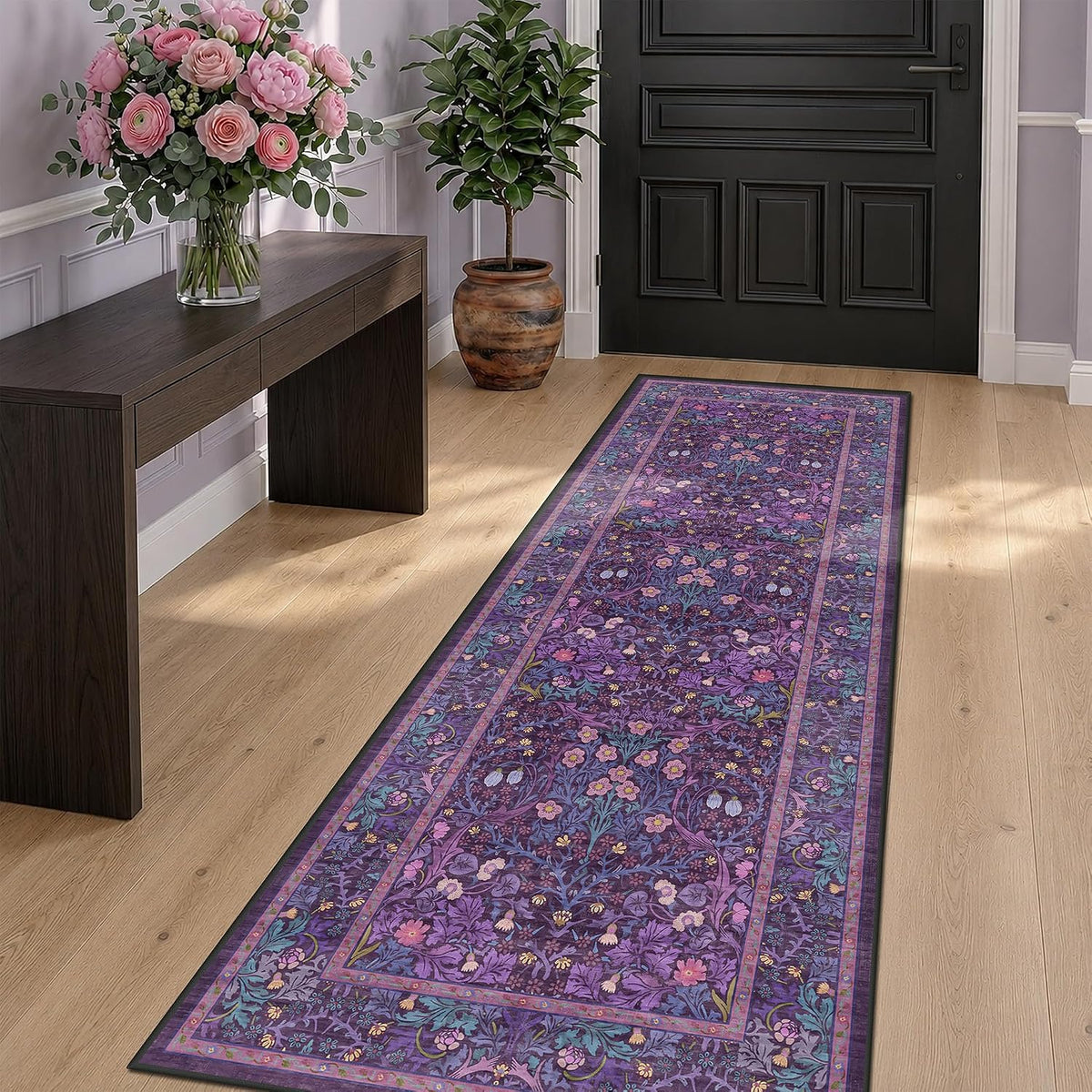 Washable Plum Purple Runner Rug 2x6 - Boho Rug Runner for Bathroom, Kitchen, Indoor Entryway, Low Pile Violet Carpet for Bedroom Bedside, Laundry Room, Hallway Mats for Floor, Stain Resistant