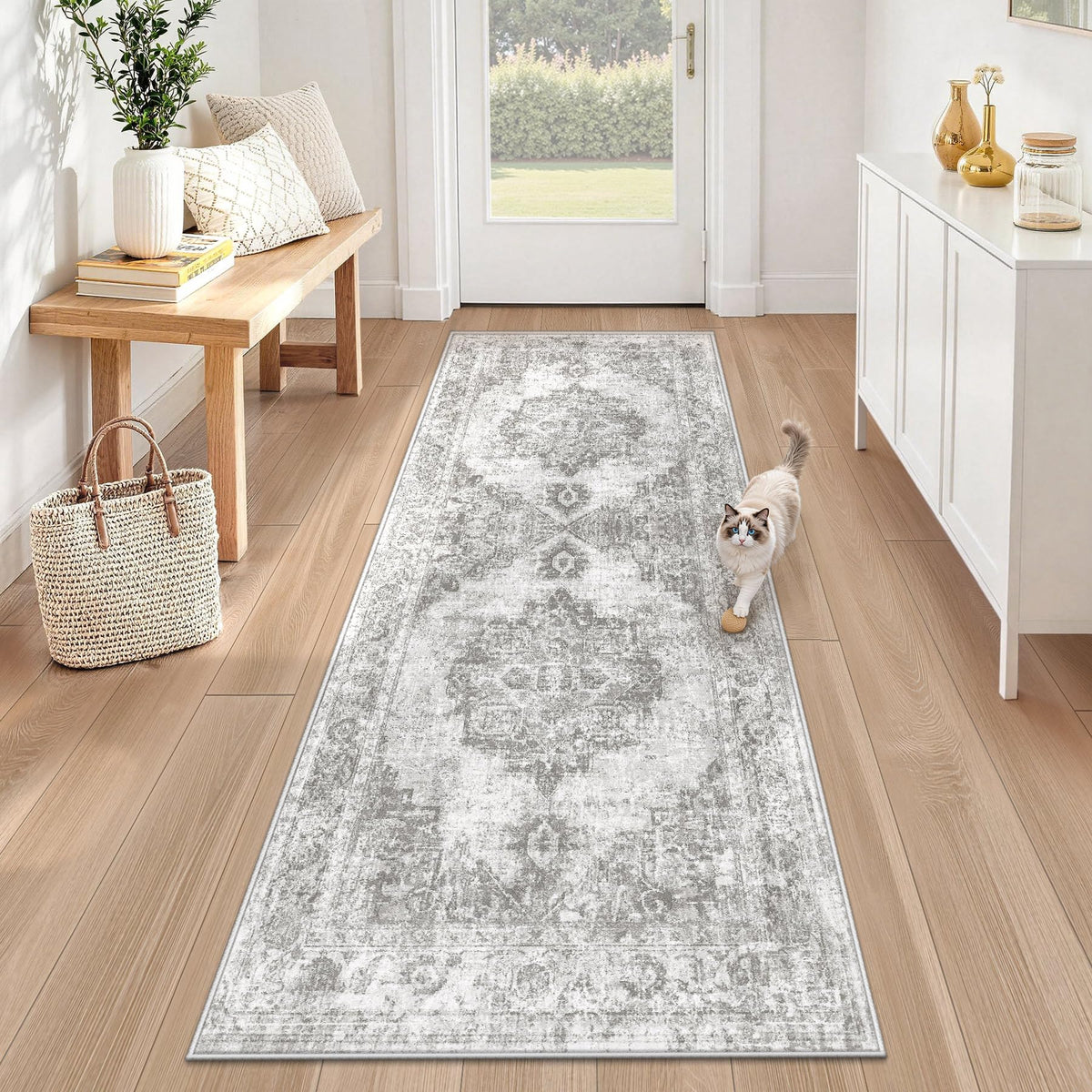 Runner Rug 2x6 Washable Rugs: Vintage Hallway Kitchen Runner Non Slip Low Pile Rug Runner Soft Stain Resistant Indoor Carpet Runners for Entryway Hall Bedroom Bedside (Beige, 2'x6')