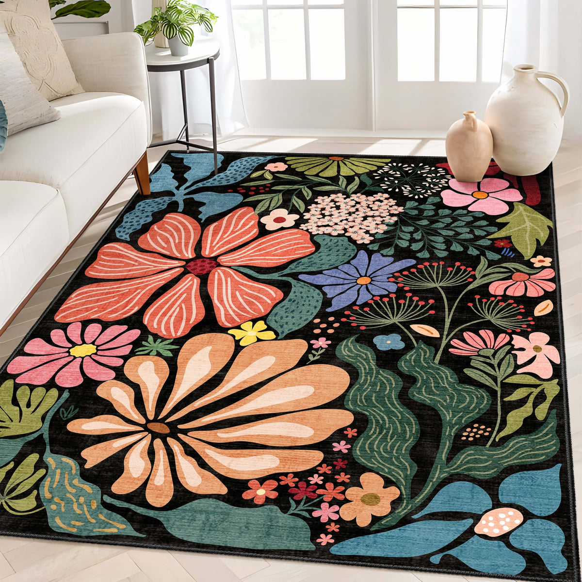 MUJOO Pink Washable 2x6 Runner Rugs Floral Area Rugs Non Slip Low-Pile