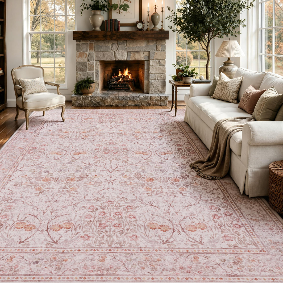 JOLLYVOGUE Entryway Rug, 2x3 Washable Vintage Floral Rug, Beige
