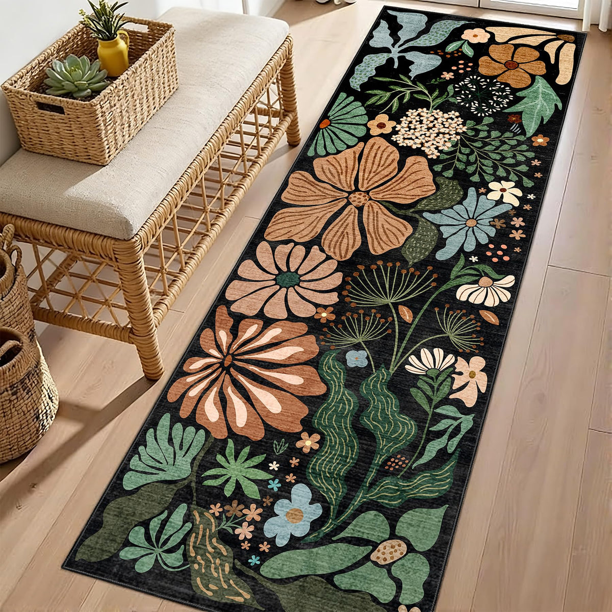 MUJOO Pink Washable 2x6 Runner Rugs Floral Area Rugs Non Slip Low-Pile