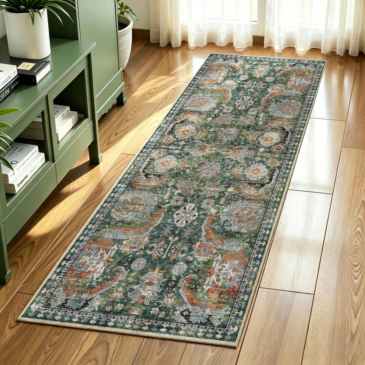 RUGSURE Washable Area Rugs - Perfect for Living Room, Bedroom, Kids Room, Nursery - Stain & Water Resistant Non-Slip, Pet & Child Friendly, Vintage Tribal Area Rugs (Green, 3' x 5 ')