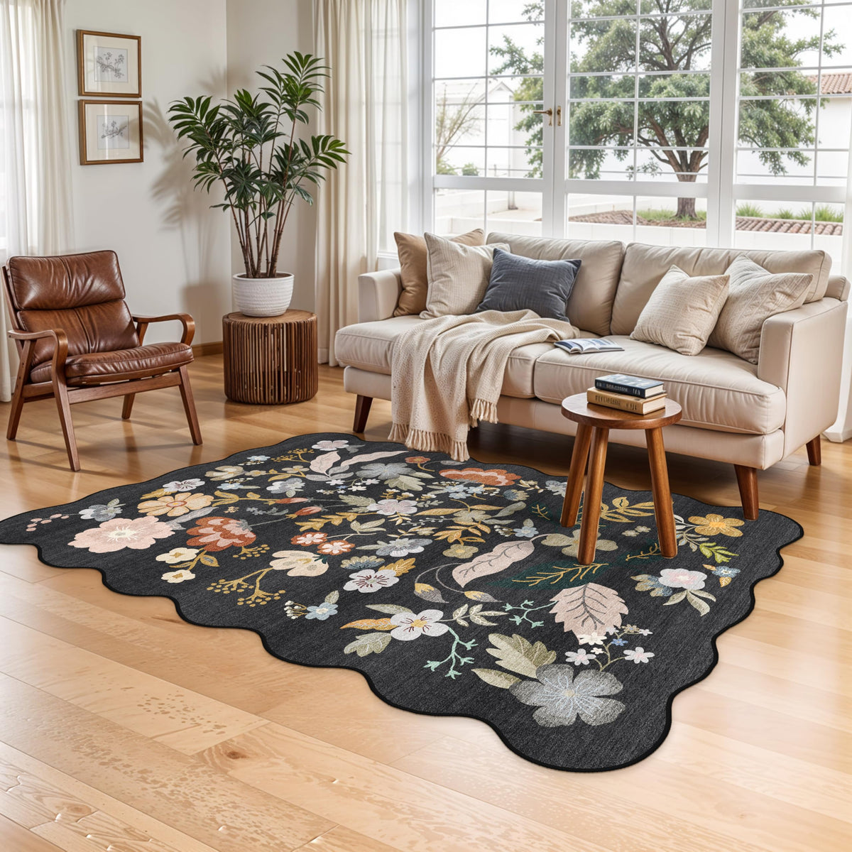 2x4 Rug Washable for Entryway - Non-Slip Scalloped Floral Throw Rug Black