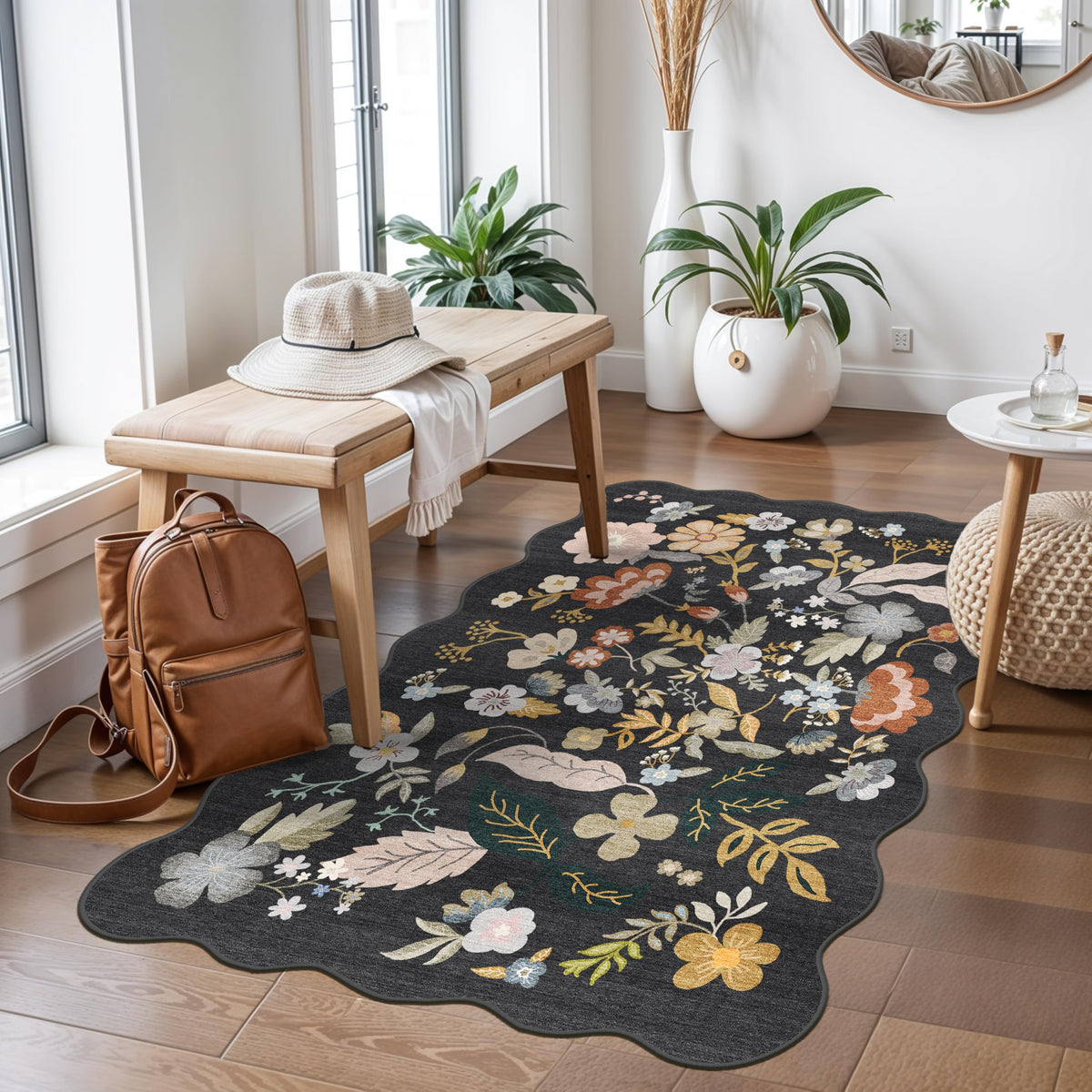 2x4 Rug Washable for Entryway - Non-Slip Scalloped Floral Throw Rug Black