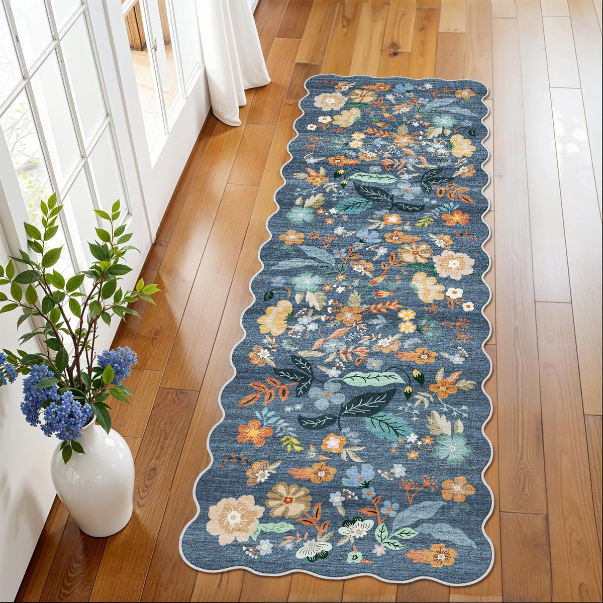 2x4 Rug Washable for Entryway - Non-Slip Scalloped Floral Throw Rug Black