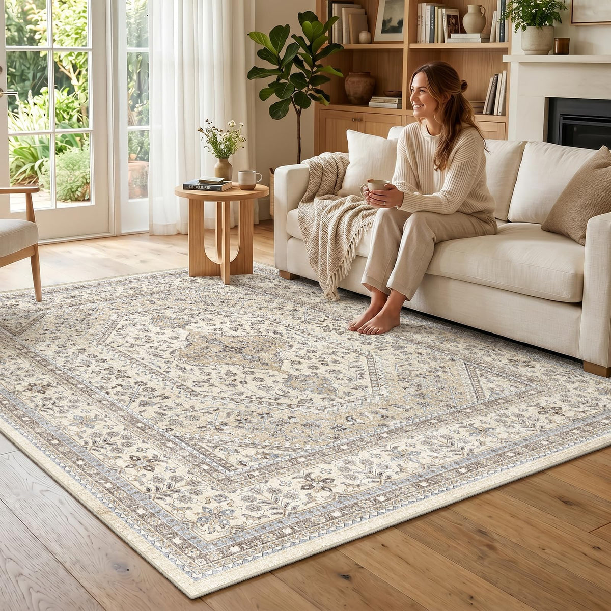 2x3 Washable Entryway Area Rug - Non-Slip Boho Throw Rugs Beige Gray
