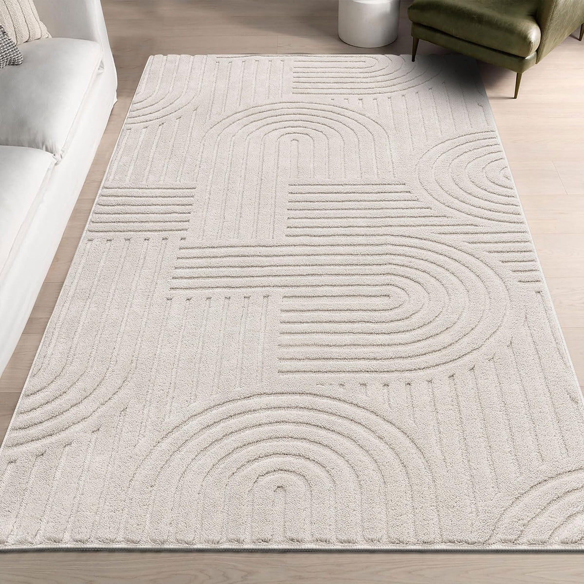 SHACOS Soft Fluffy Arch Pattern Area Rug 2'7"x5' Non Slip Washable Minimalist Modern High-Low Geometric Carpet for Living Room Kitchen Bedroom Bathroom, Beige