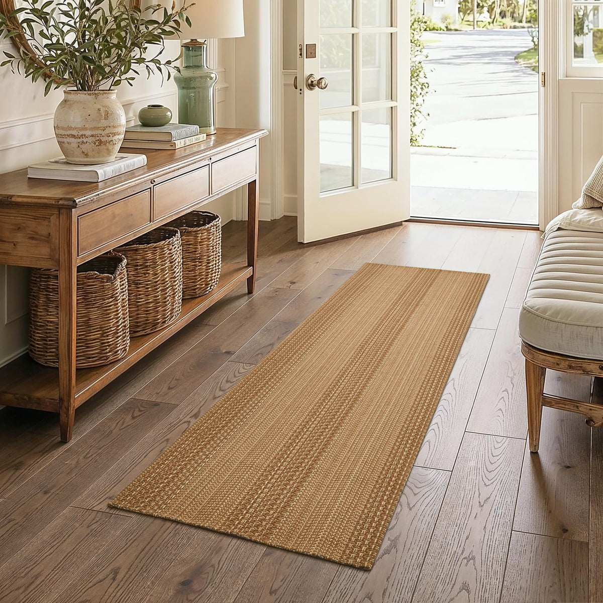MatEssenz 2x3 Textured Washable Entry Rug, Natural Woven Low-Profile Door Mat with Non-Slip TPR Backing, Brown, for Entryway, Kitchen, Laundry Room