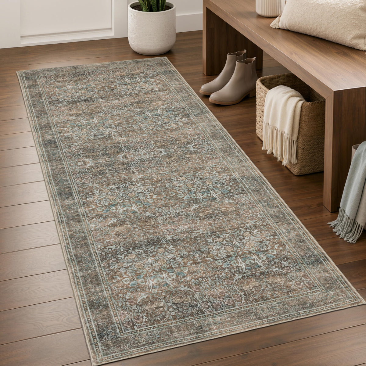 JOLLYVOGUE Entryway Rug, 2x3 Washable Vintage Floral Rug, Beige