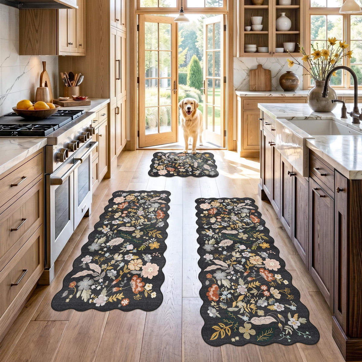 2x4 Rug Washable for Entryway - Non-Slip Scalloped Floral Throw Rug Black