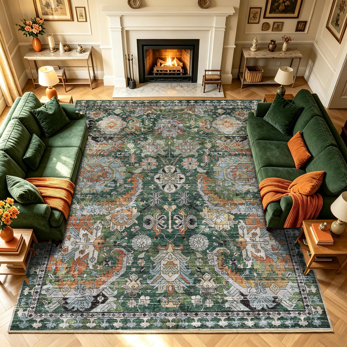 RUGSURE Washable Area Rugs - Perfect for Living Room, Bedroom, Kids Room, Nursery - Stain & Water Resistant Non-Slip, Pet & Child Friendly, Vintage Tribal Area Rugs (Green, 3' x 5 ')