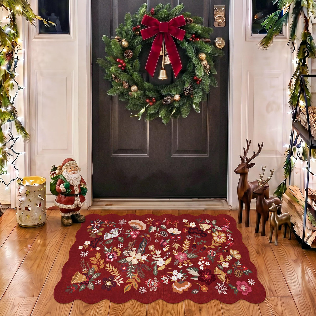 2x4 Rug Washable for Entryway - Non-Slip Scalloped Floral Throw Rug Black