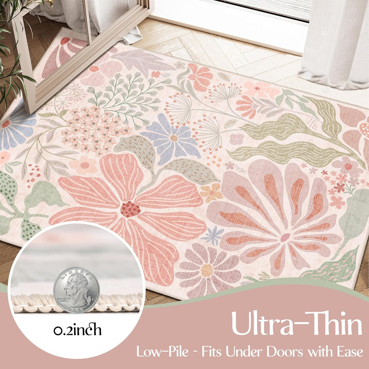 MUJOO Pink Washable 2x6 Runner Rugs Floral Area Rugs Non Slip Low-Pile
