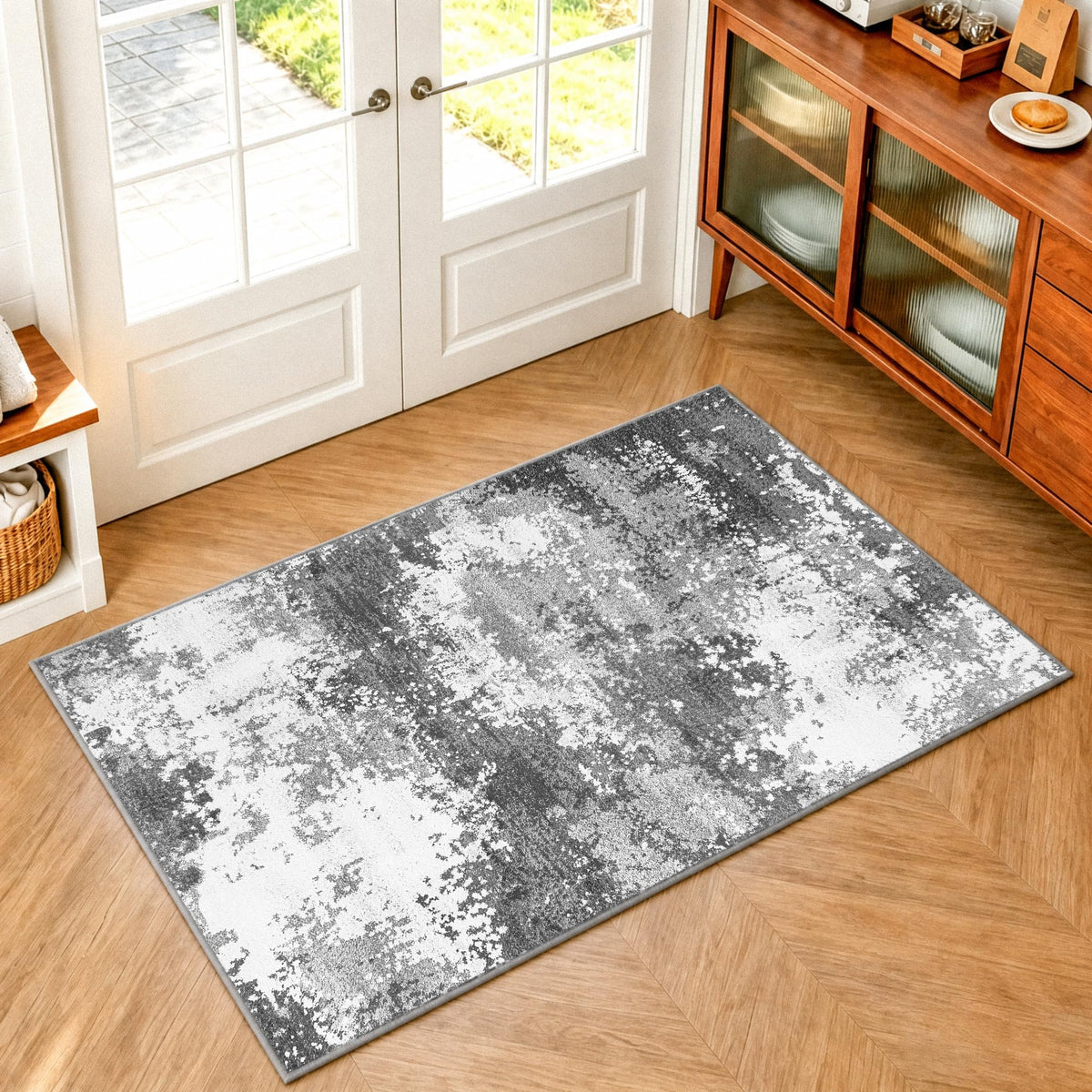 Entryway Rug 2x3 Grey Door Mat Indoor Entrance 24x36, Washable Small Throw Rugs for Kitchen Floor, Entry, Front Door, Bedroom Bedside, Non-Slip Low Pile Stain & Fade Resistant, Abstract Gray