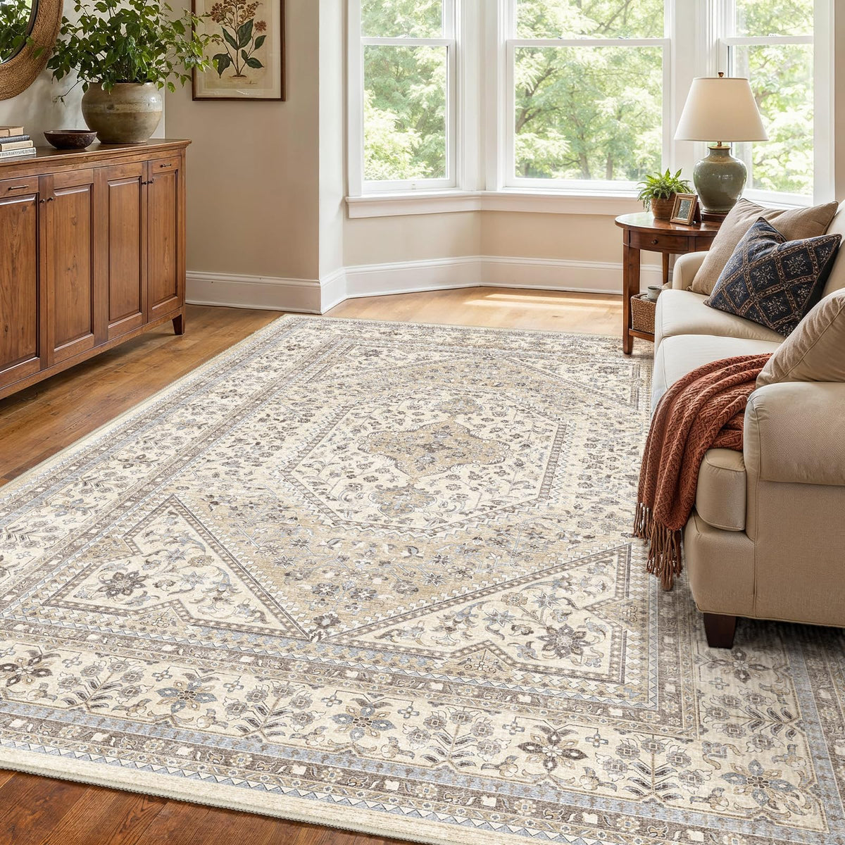 2x3 Washable Entryway Area Rug - Non-Slip Boho Throw Rugs Beige Gray
