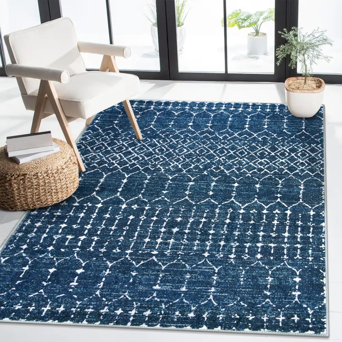 Lahome Moroccan Indoor Rugs for Entryway 2x3 Area Rug Non-Slip Backing Washable Inside Door Mats Low-Profile Throw Soft Rugs for Bathroom, Geometric Print Distressed Blue Rug for Kitchen Bedside Hana