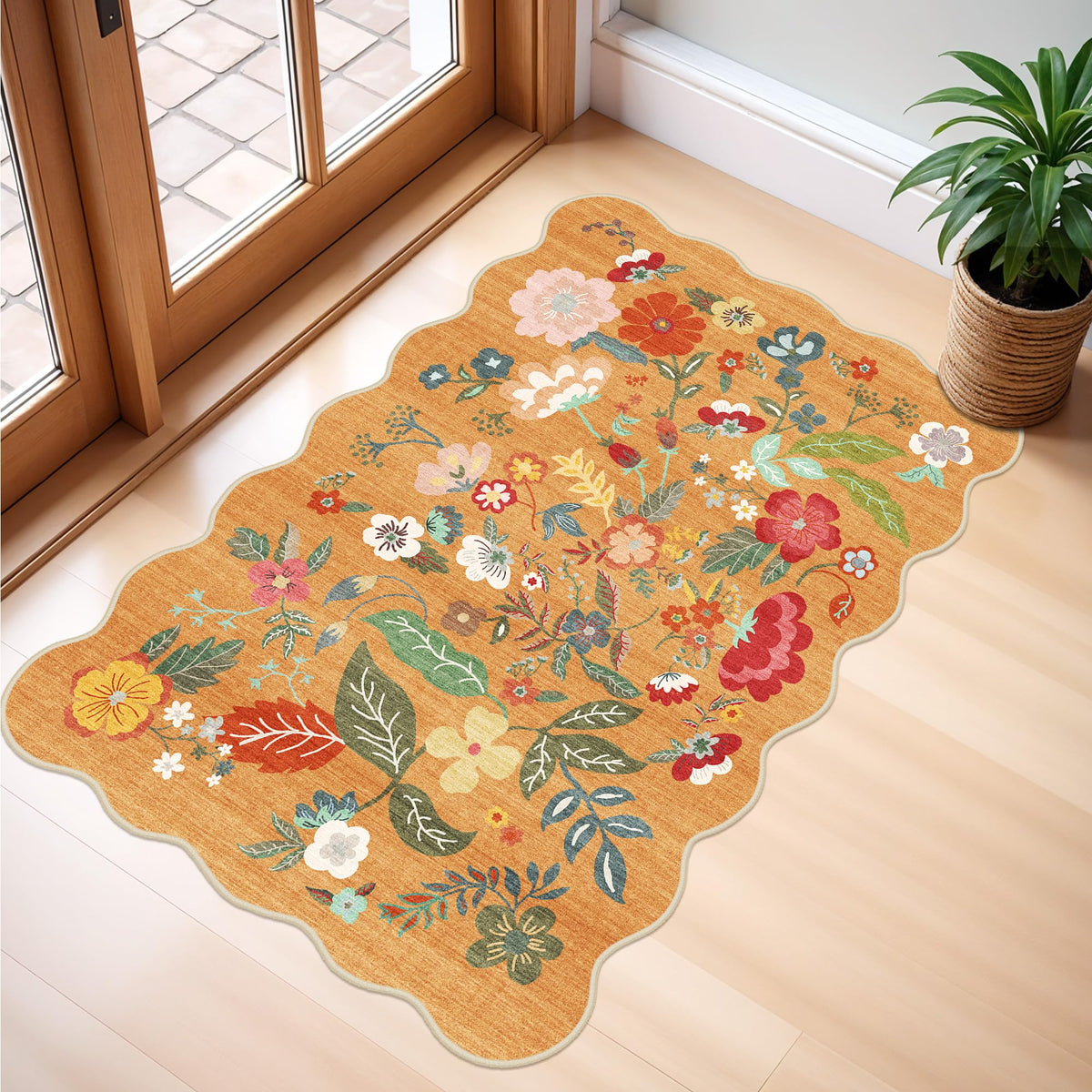 2x4 Rug Washable for Entryway - Non-Slip Scalloped Floral Throw Rug Black