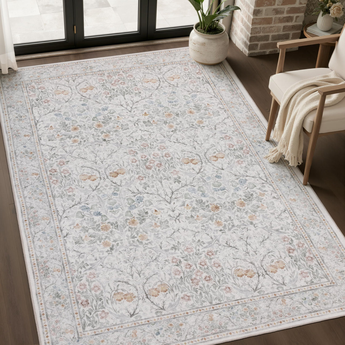 JOLLYVOGUE Entryway Rug, 2x3 Washable Vintage Floral Rug, Beige
