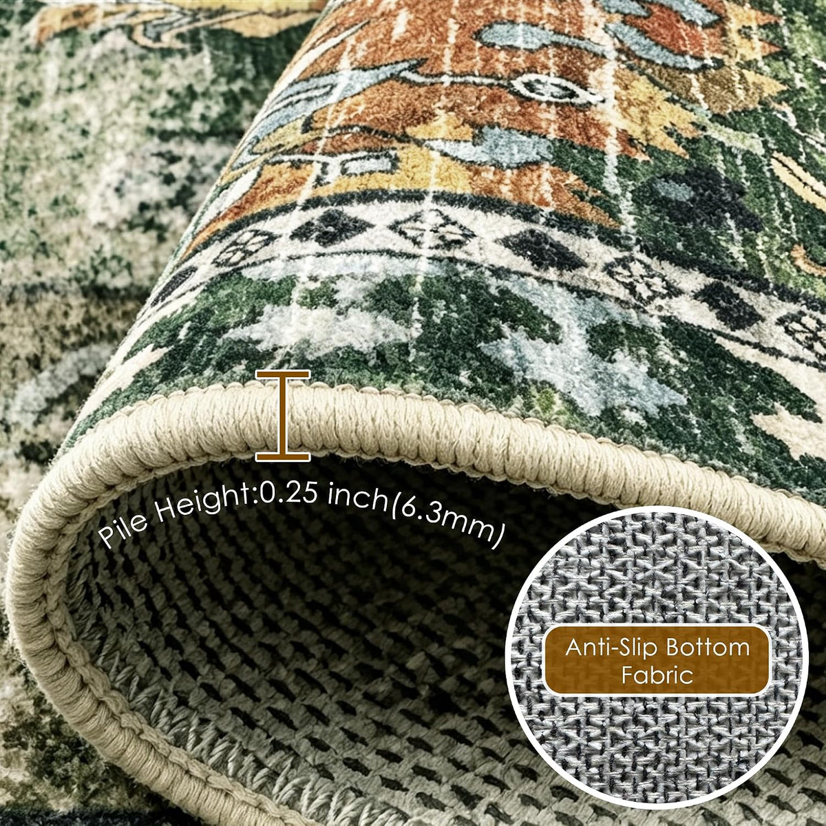 RUGSURE Washable Area Rugs - Perfect for Living Room, Bedroom, Kids Room, Nursery - Stain & Water Resistant Non-Slip, Pet & Child Friendly, Vintage Tribal Area Rugs (Green, 3' x 5 ')