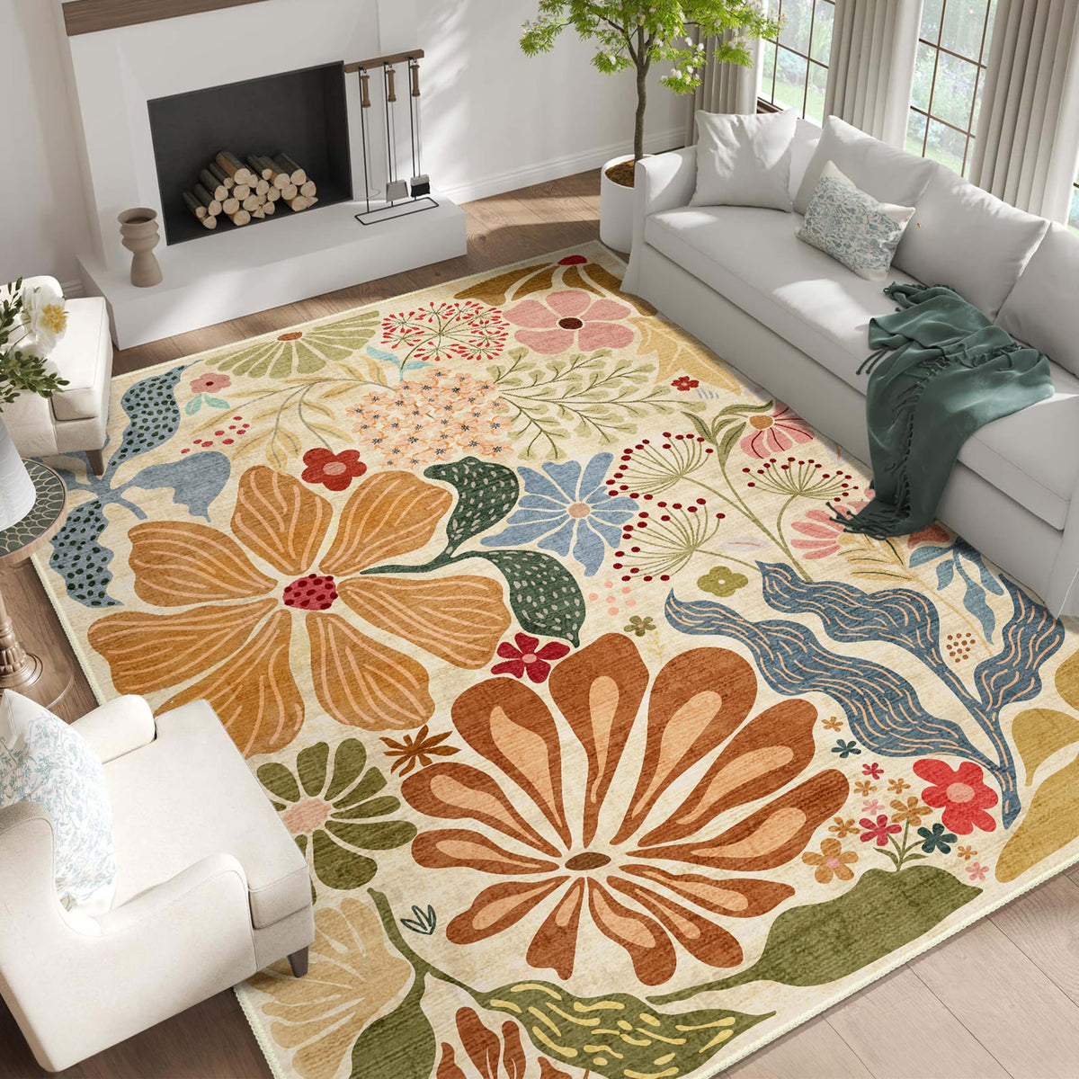 MUJOO Pink Washable 2x6 Runner Rugs Floral Area Rugs Non Slip Low-Pile