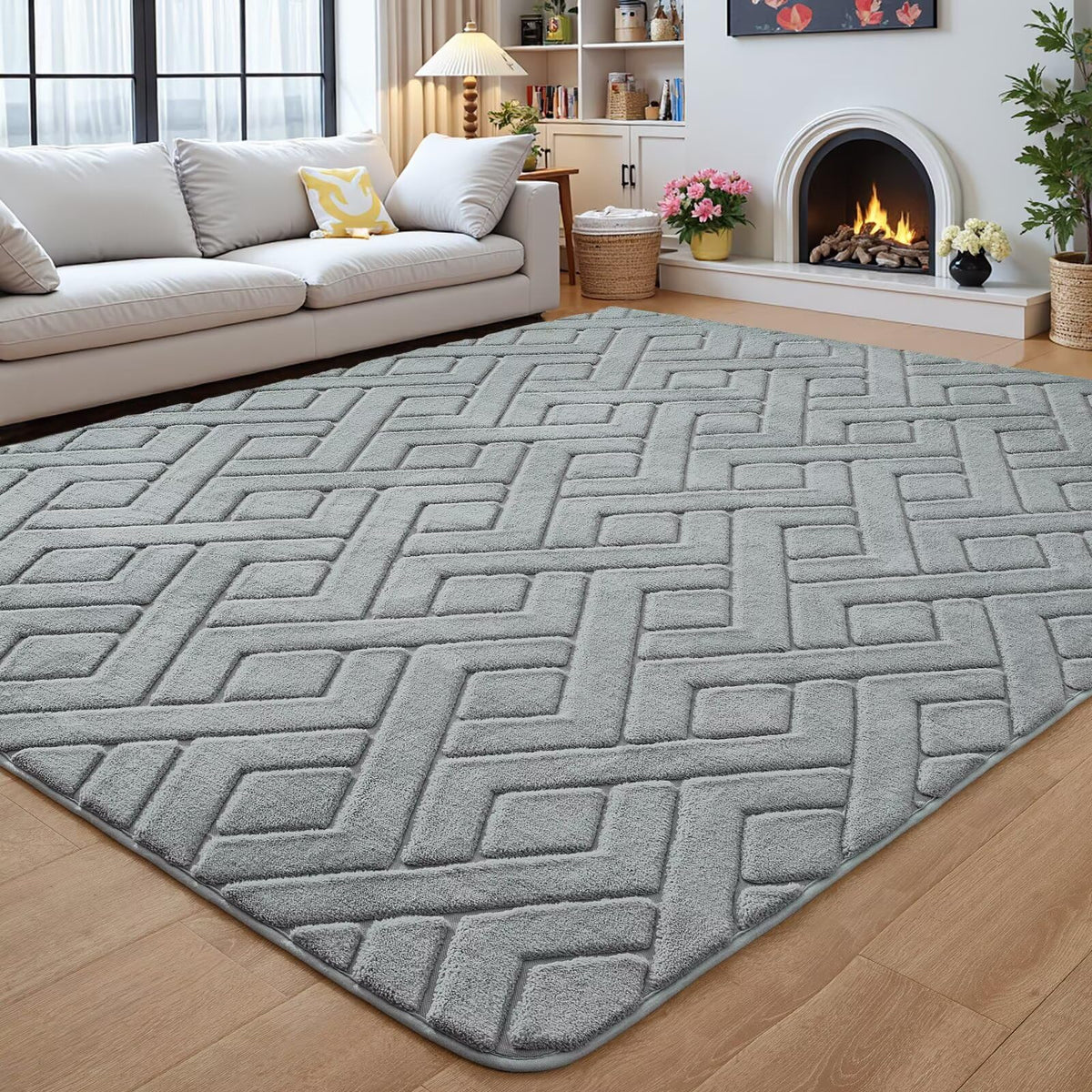 Grey Fluffy Area Rug for Bedroom, 3x5 Geometric Shag Rugs