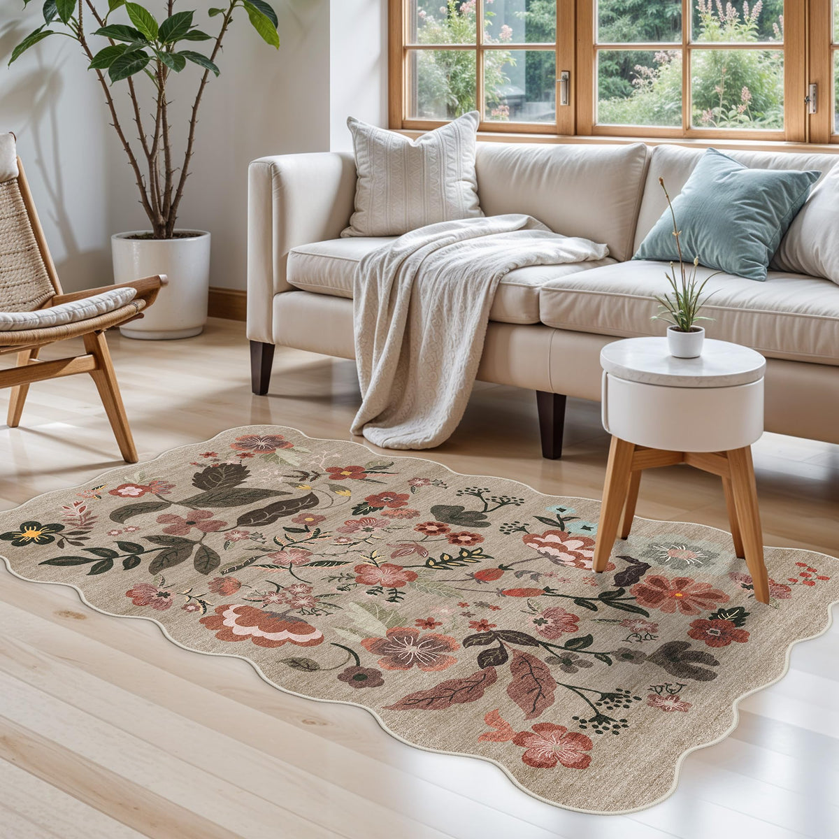 2x4 Rug Washable for Entryway - Non-Slip Scalloped Floral Throw Rug Black