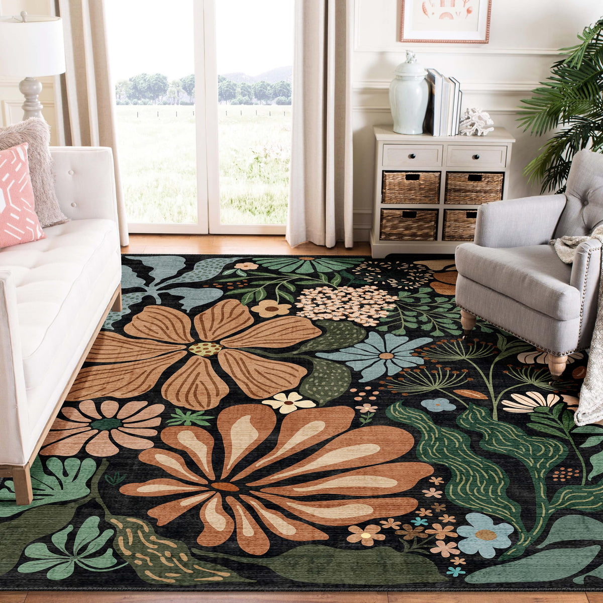 MUJOO Pink Washable 2x6 Runner Rugs Floral Area Rugs Non Slip Low-Pile