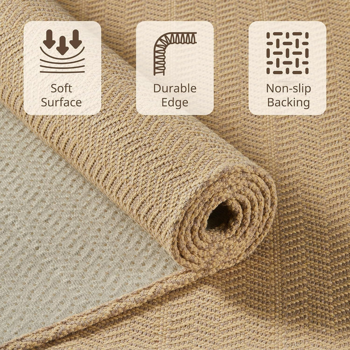 MatEssenz 2x4 ft Faux Linen Accent Rug, Washable Woven Textured Small Area Carpet for Bedside Porch, Slip Resistant Gel Backing Indoor Floor Mat for Bedroom Dorm, Khaki