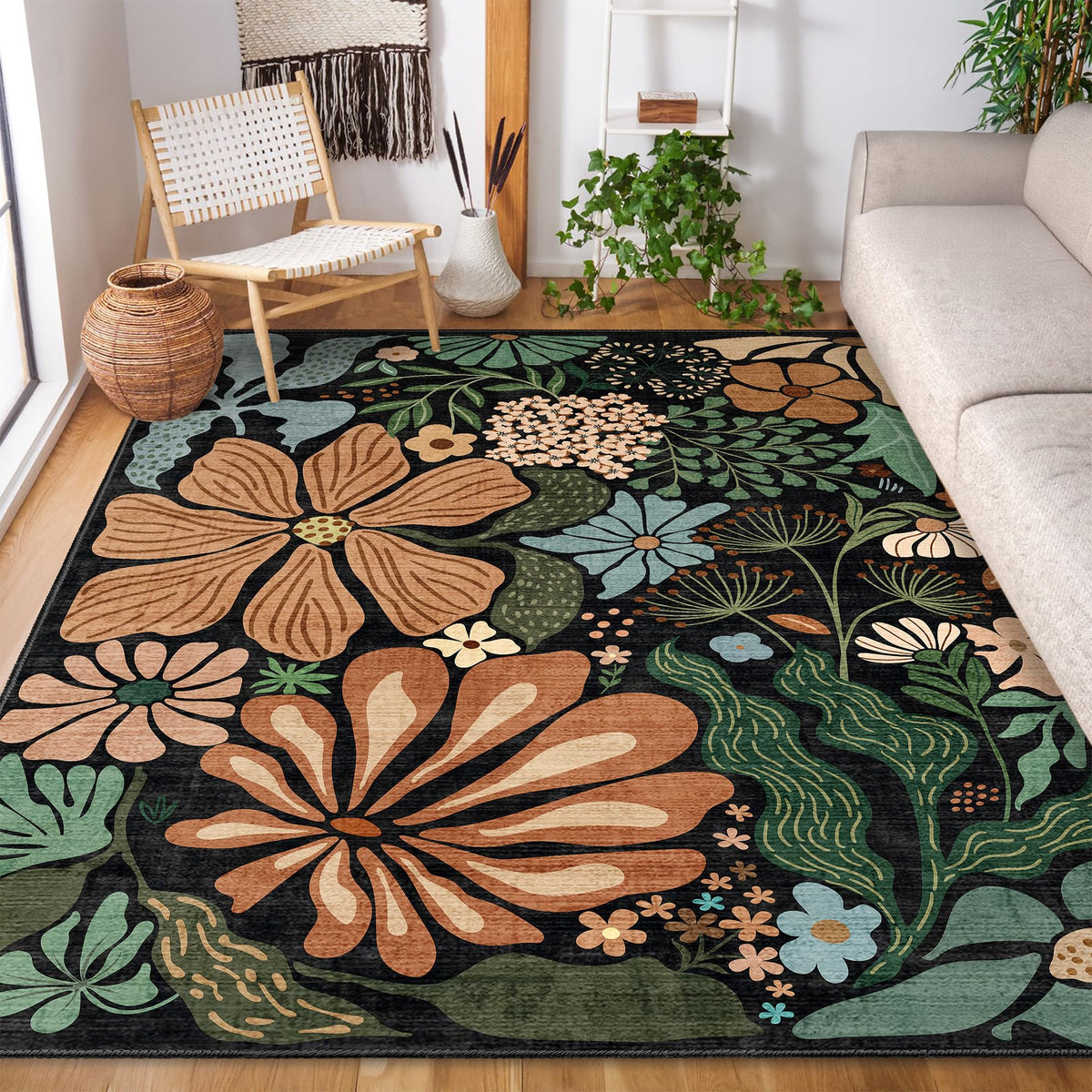 MUJOO Pink Washable 2x6 Runner Rugs Floral Area Rugs Non Slip Low-Pile