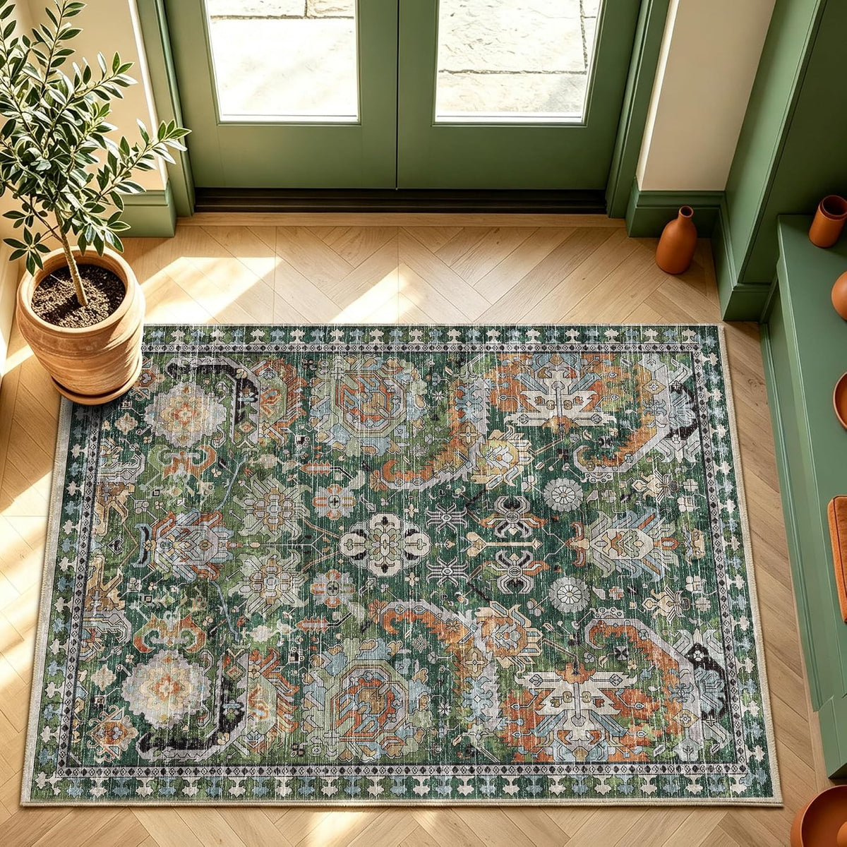 RUGSURE Washable Area Rugs - Perfect for Living Room, Bedroom, Kids Room, Nursery - Stain & Water Resistant Non-Slip, Pet & Child Friendly, Vintage Tribal Area Rugs (Green, 3' x 5 ')