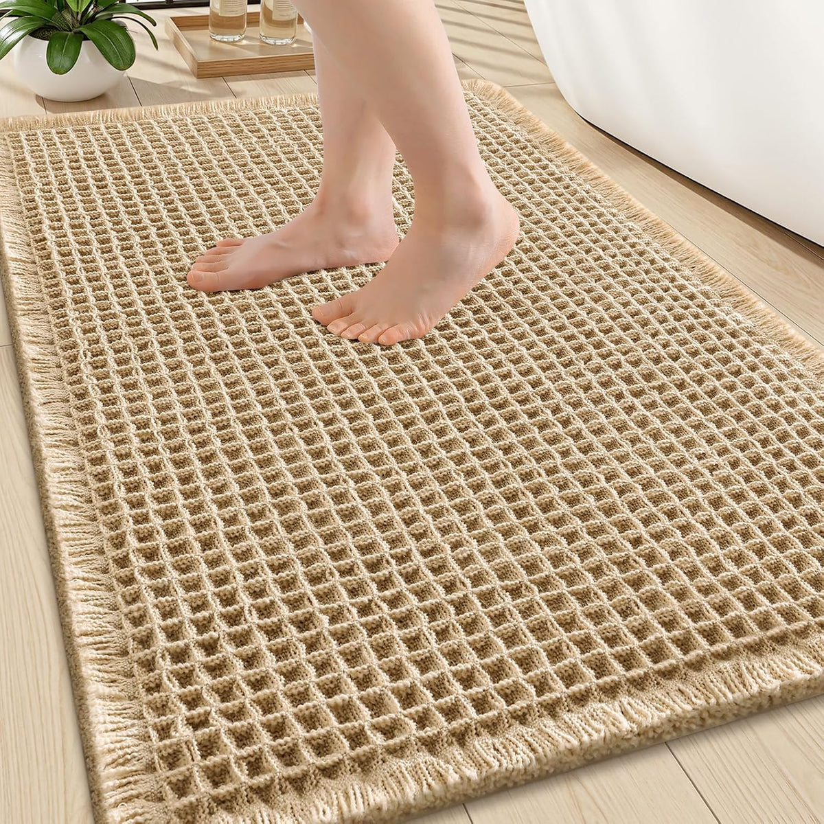 Smiry Waffle Bath Mat 30X20, Extra Soft Absorbent Bathroom Rugs, Brown
