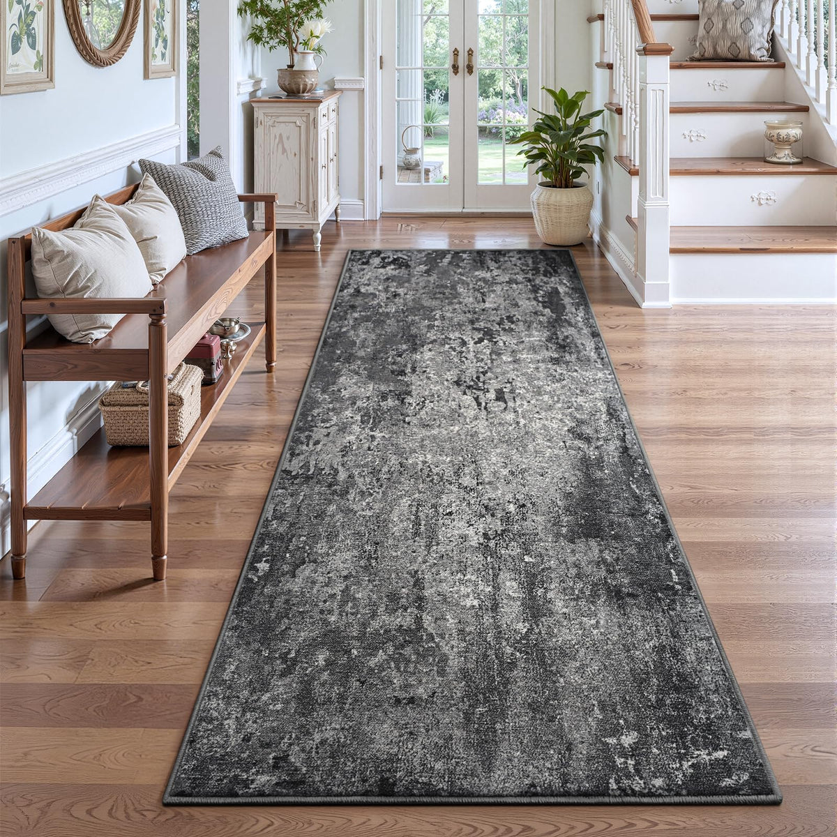 Ompaa 2x6 Rug Runners for Hallways Kitchen Runner Rug Non Slip Washable Grey Long Runner Rugs with Rubber Backing Soft Abstract Carpet Runner for Hallways, Kitchen, Bedroom, Bathroom, Entryway