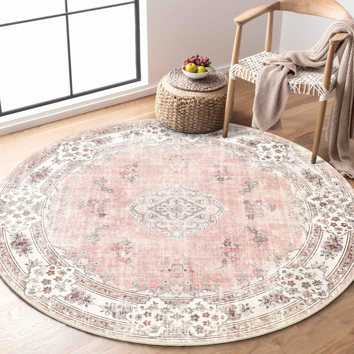 MUJOO Pink Rug 3x5 Washable,Boho Area Rugs Small Non Slip Low-Pile Floral