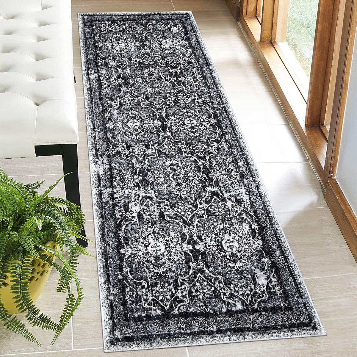 Vaukki Hallway Runner 2x6 ft, Grey Vintage Shaggy Soft Kitchen Rug