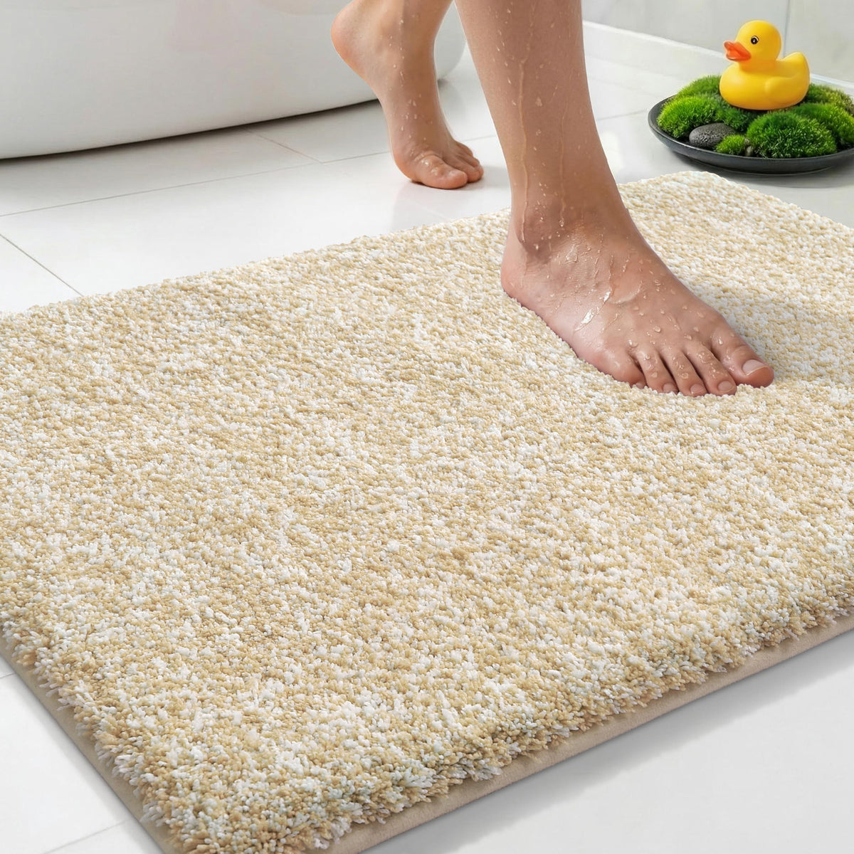 Yimobra Non Slip Machine Washable Bathroom Rug 24x17 Light Beige and White